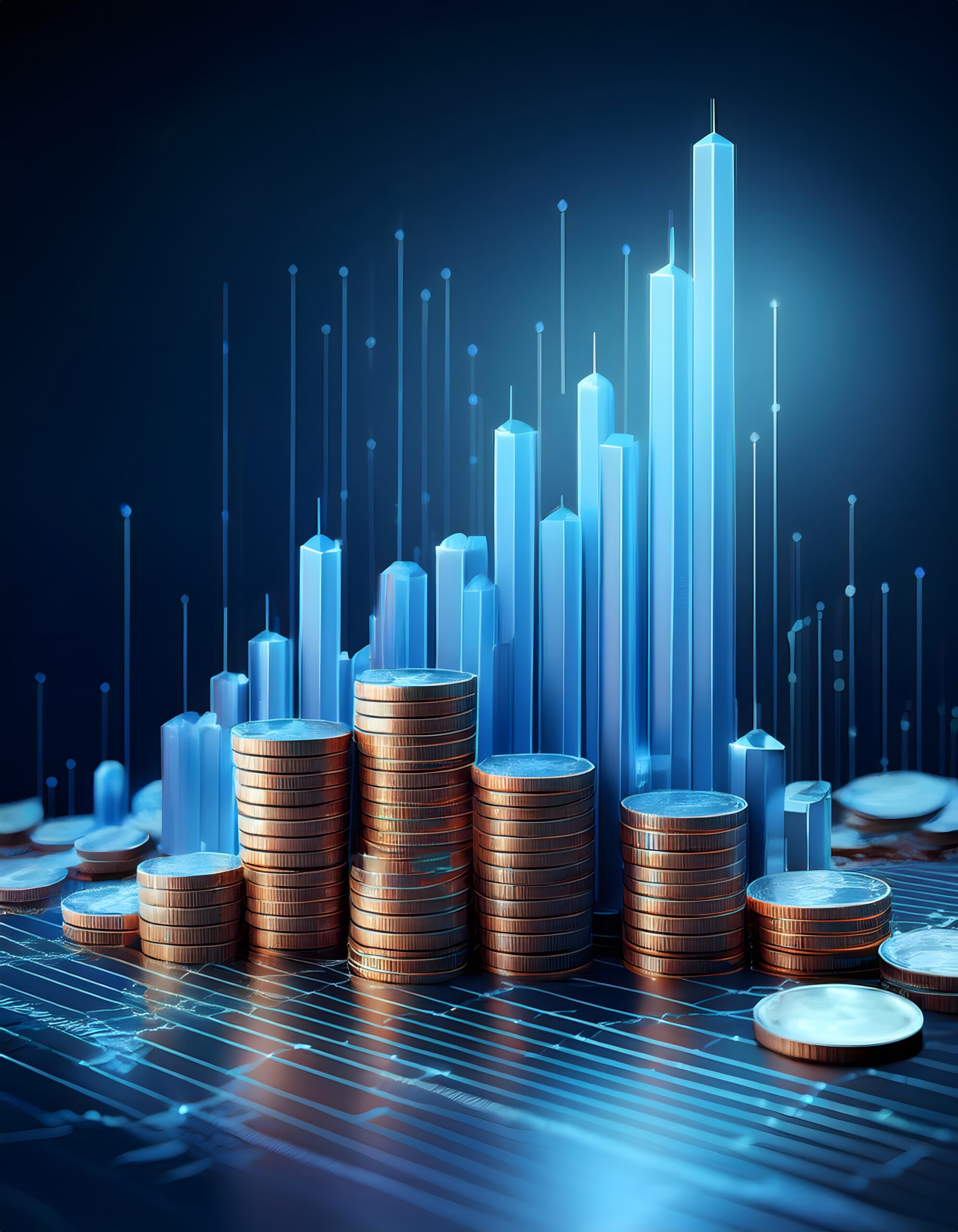 Blue finance growth chart with coins