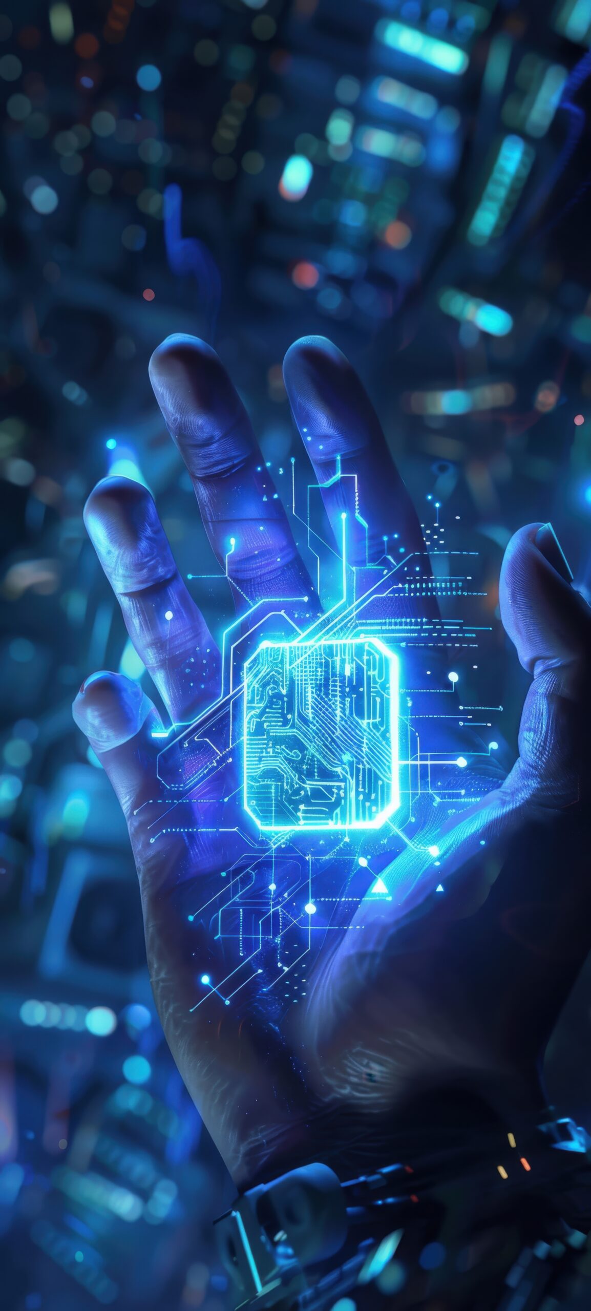 Hand holding a glowing AI chip