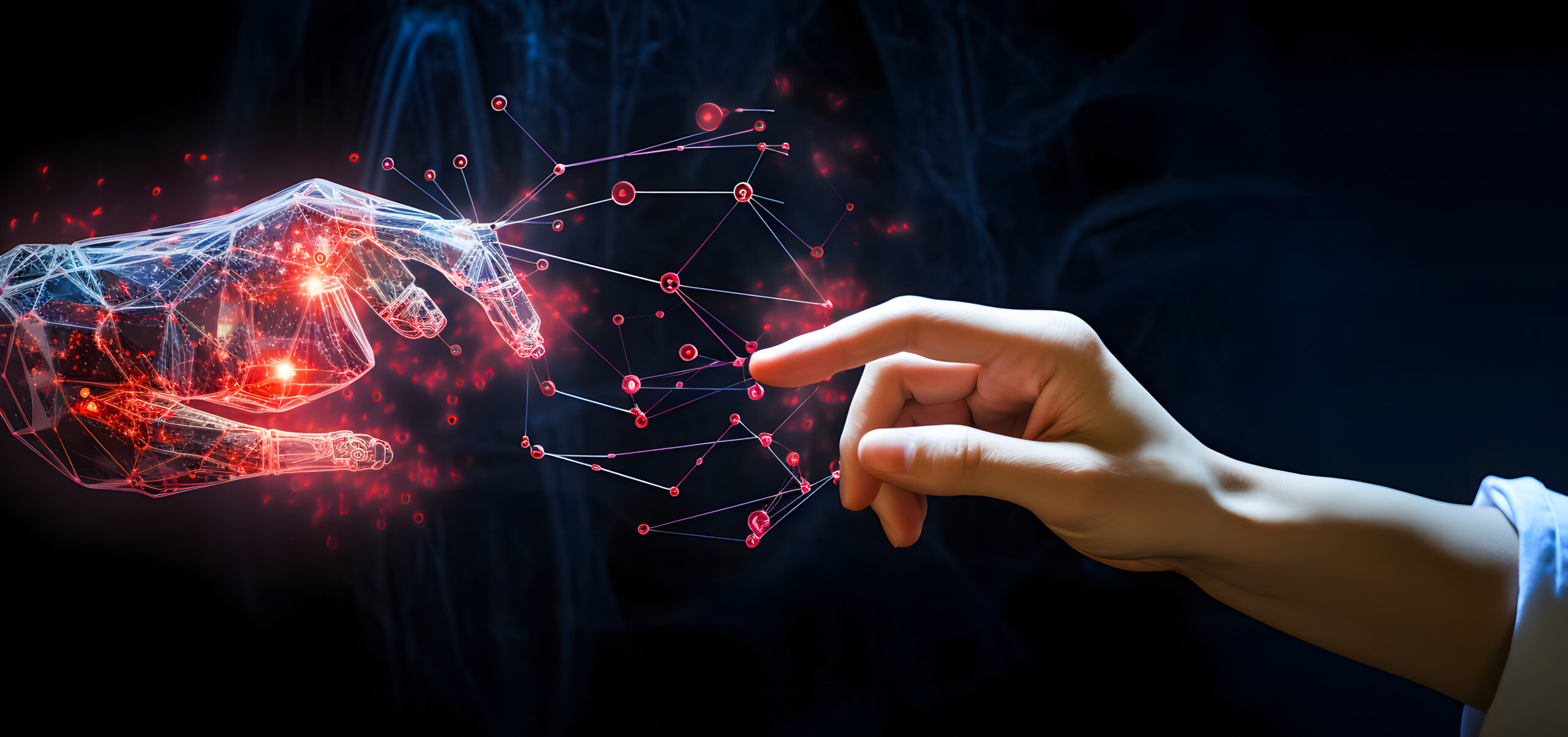 Hand touching a digital AI network connection