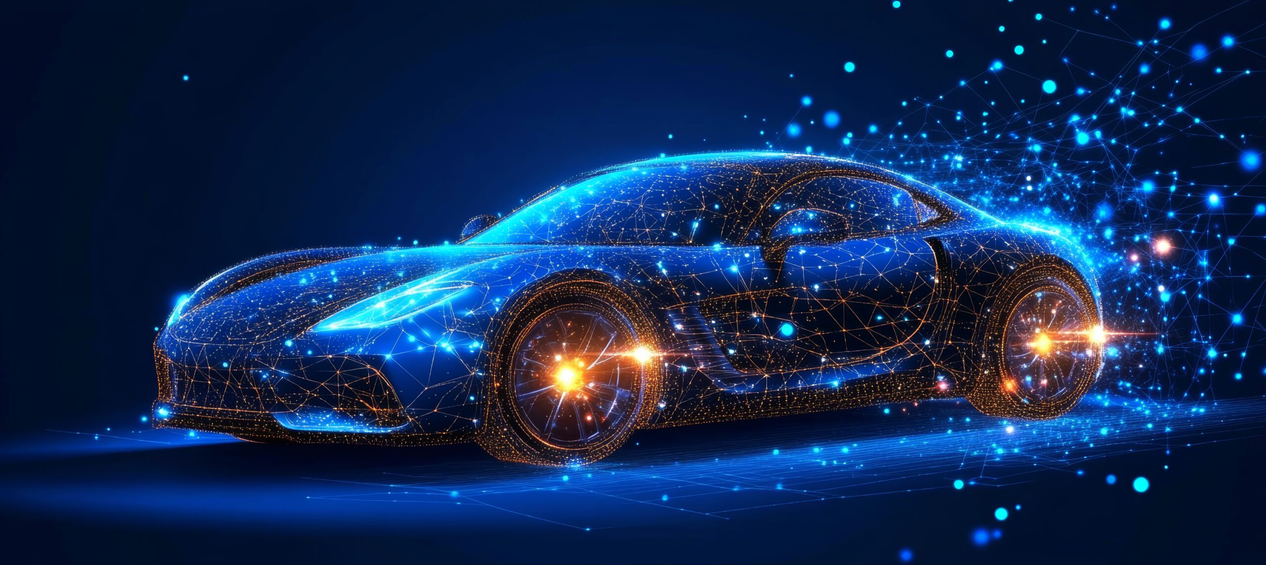 Sports car outlined in glowing data lines