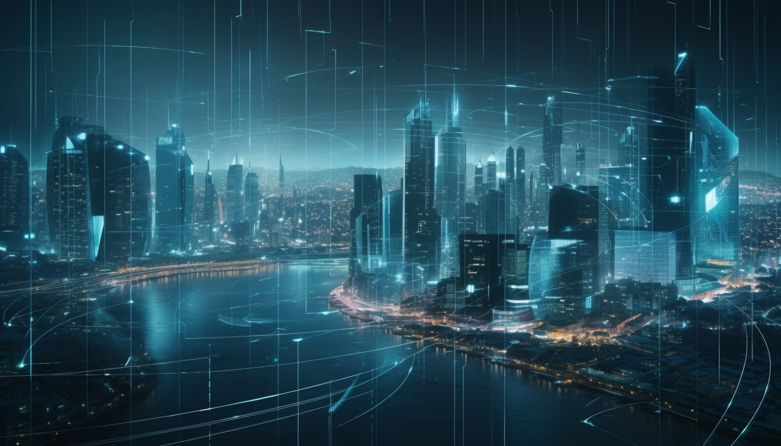 Futuristic city skyline at night